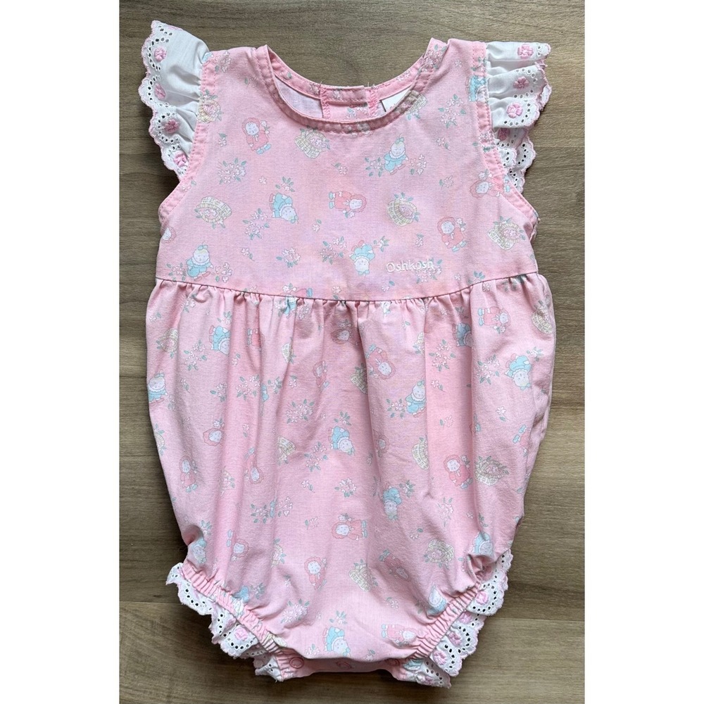 Vintage OshKosh Bgosh Pink Baby & Baskets Bubble Romper Eyelet 24 Months USA
